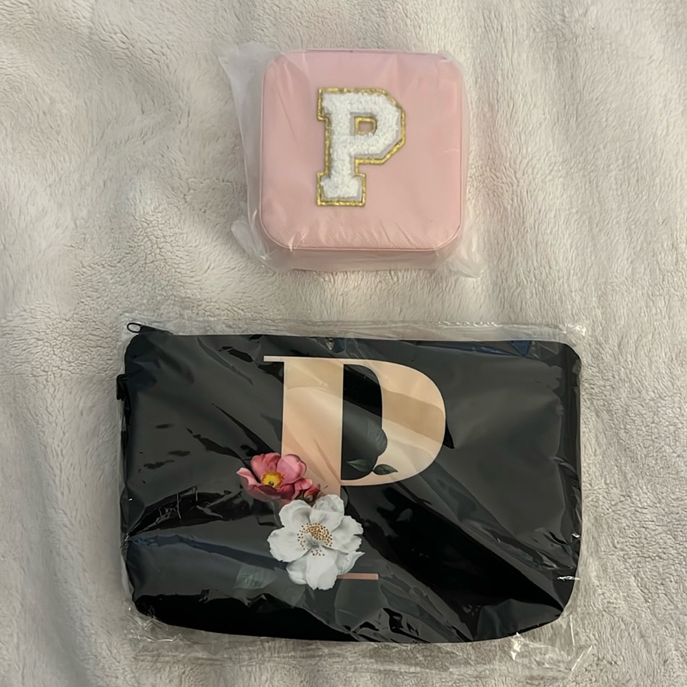 P initial Jewelry storage box and black pouch bundle